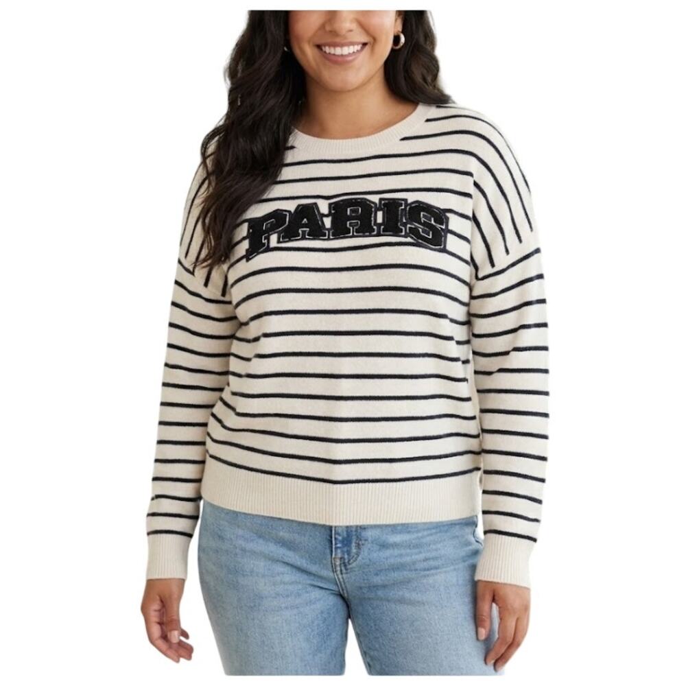 Express Paris Striped Merino Blend Sweater Black Navy White Medium